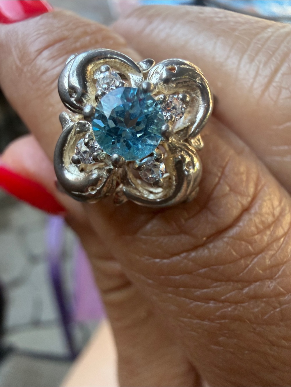 Vintage Blue Topaz & Cubic Zirconia Dolphins Sterling Silver Ring - Size 7